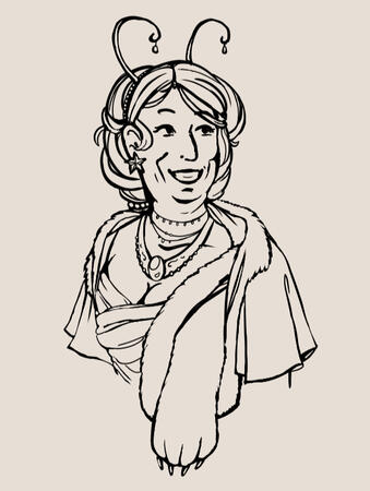 Digital illustration of a woman with a lot of jewelry and a fur cape