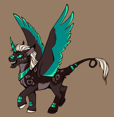 Digital illustration of a brown and green winged kirin