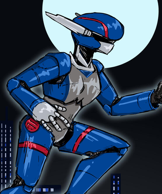 Digital illustration of a person in a mech suit with a background of a cityscape and full moon