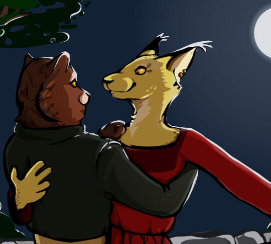 Digital illustration of two cat furries dancing with a background of a stone wall and full moon
