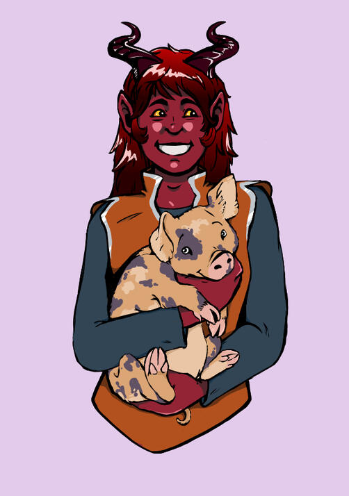 Digital illustration of a D&D Teifling holding a pig