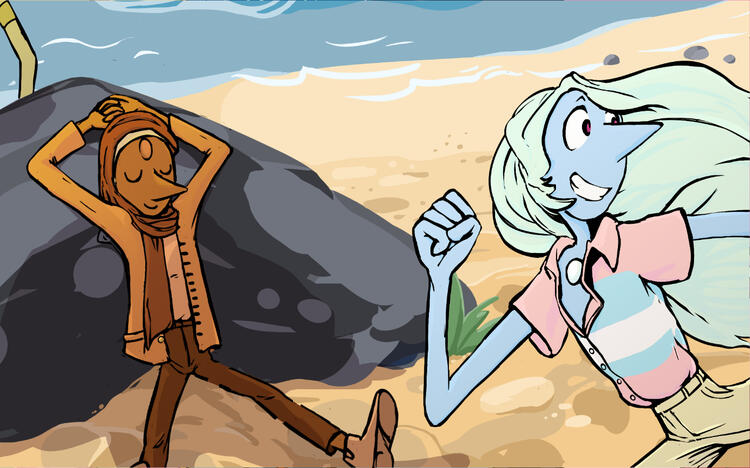 Digital illustration of two people on a beach. One is sitting against a rock and the other is running.