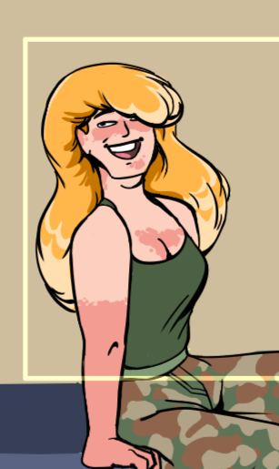 Digital illustration of a woman in a tank top and camo pants with a bad sunburn